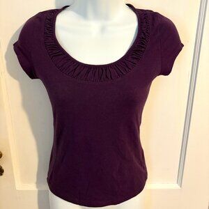 Zoe D. Petite Small, Deep Purple, Pleated Scoop Neck, Cap Sleeve Tee